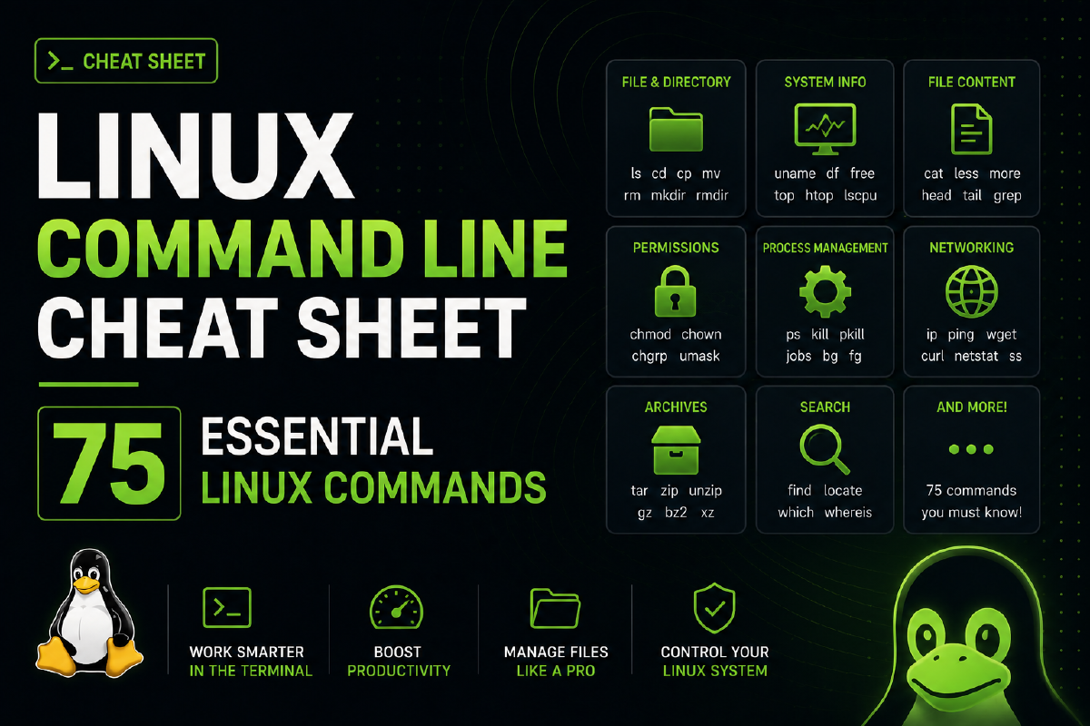 Linux Command Line Cheat Sheet : 75 Essential Linux Commands