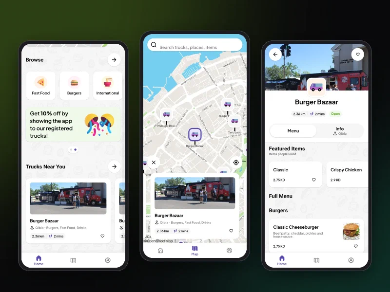 Three phone screens of the food-truck app with sample data: home, a map of nearby trucks, and a truck's menu