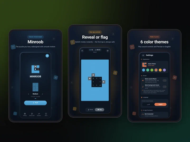 Three phone screens of Mineroob: the home screen, a game in progress, and theme settings