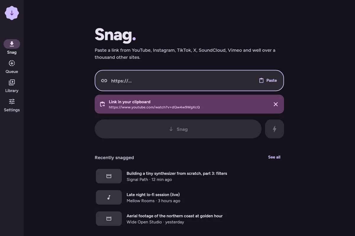 Snag home screen on desktop, dark theme