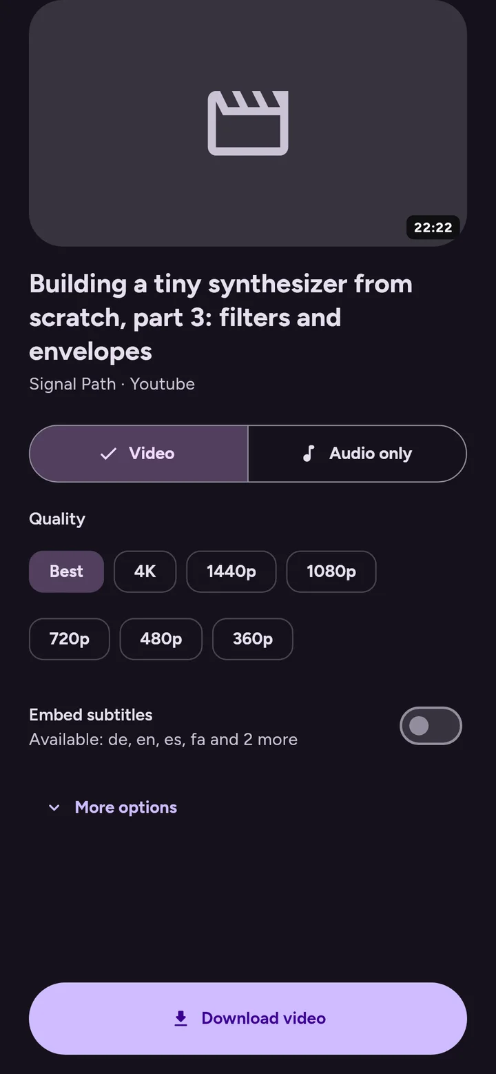 Download options sheet with quality picker
